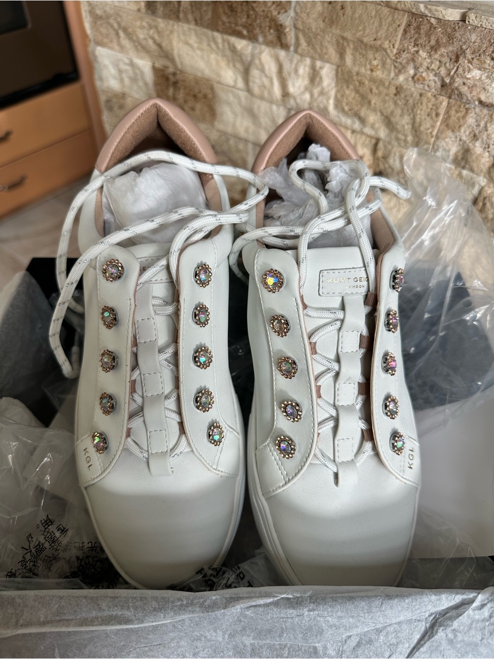 Kurt Geiger White Sneakers with Pink Collar and Crystal Studs